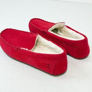 Lands' End NWOB Sz 7.5 Red Women's Fuzzy Lined Suede Moccasin Slippers